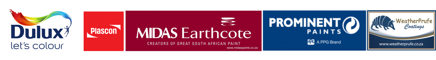 Trusted Supplier Logos including Dulux, Plascon, MIDAS Earthcote, PROMINENT PAINTS, WeatherPrufe Coatings - Professional Painting Cape Town